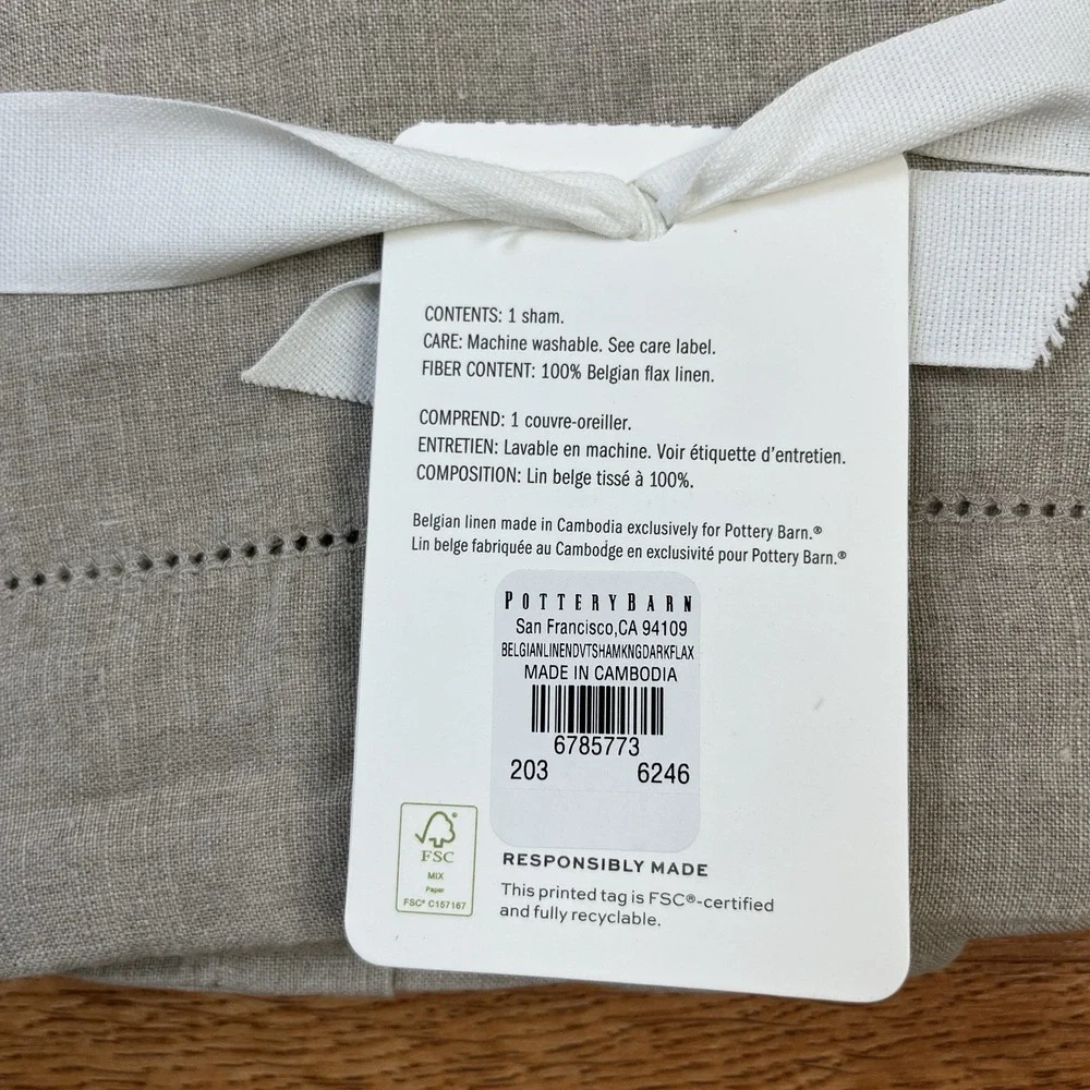 Pottery Barn Belgian‎ Flax Linen King Size Pillow Sham NEW